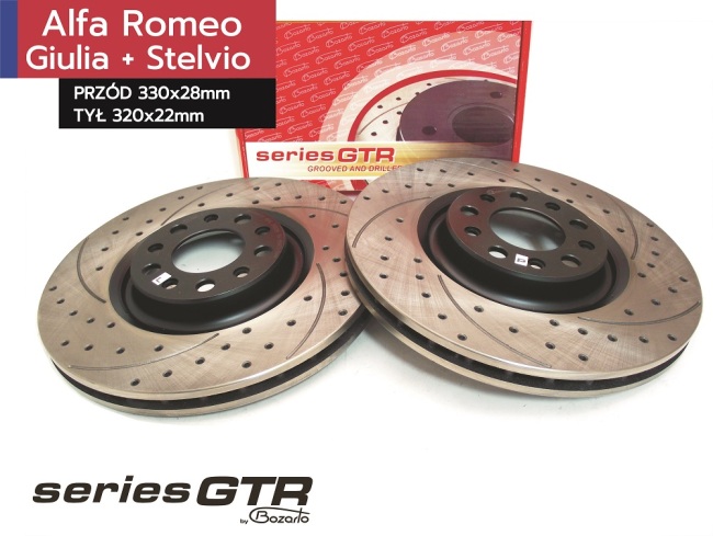 NOWOŚĆ tarcze hamulcowe Bozarto GTR wiercone i nacinane PRZÓD + TYŁ Alfa Romeo Giulia Stelvio 330mm + 320mm